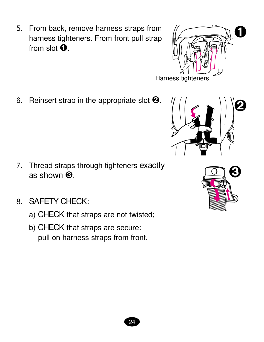 Graco ISPC019CB owner manual From slot , Thread straps through tighteners exactly as shown , Safety Check 