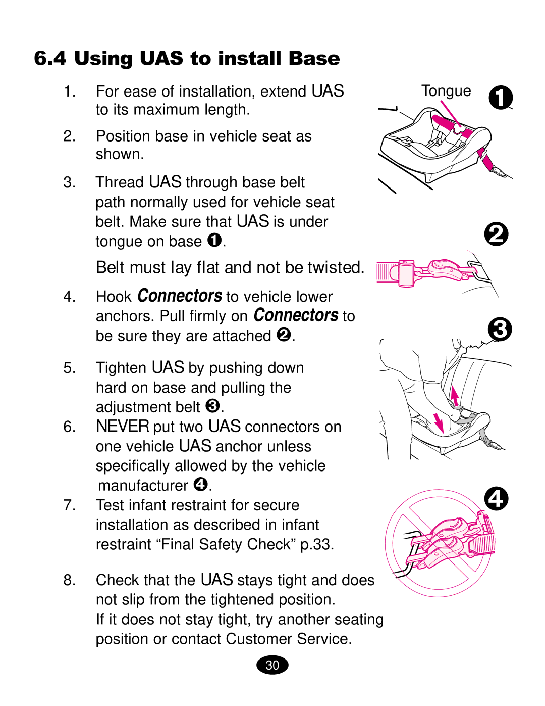 Graco ISPC019CB owner manual Belt must lay flat and not be twisted, Restraint Final Safety Check p.33, Tongue  