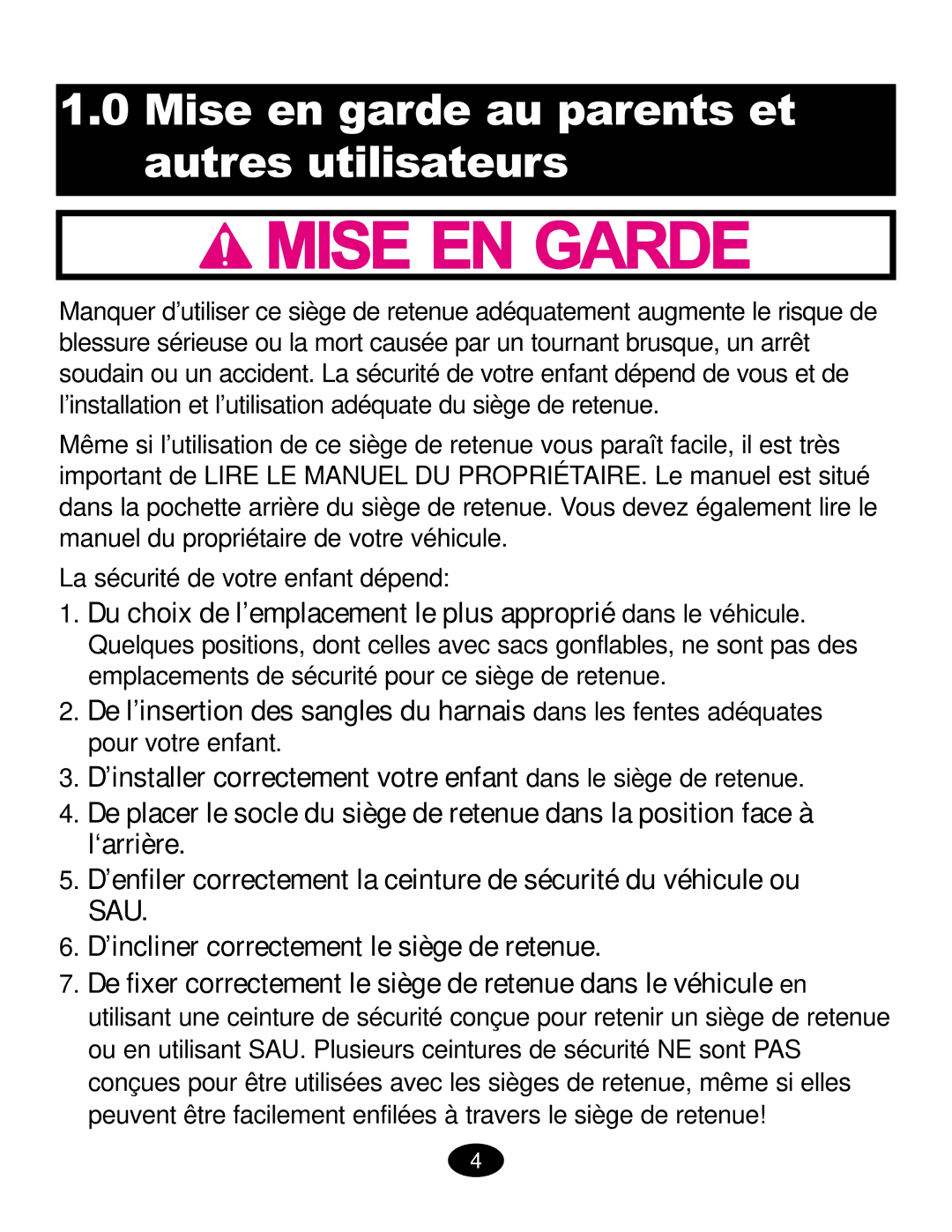 Graco ISPC019CB owner manual Mise en garde au parents et autres utilisateurs, La sécurité de votre enfant dépend 