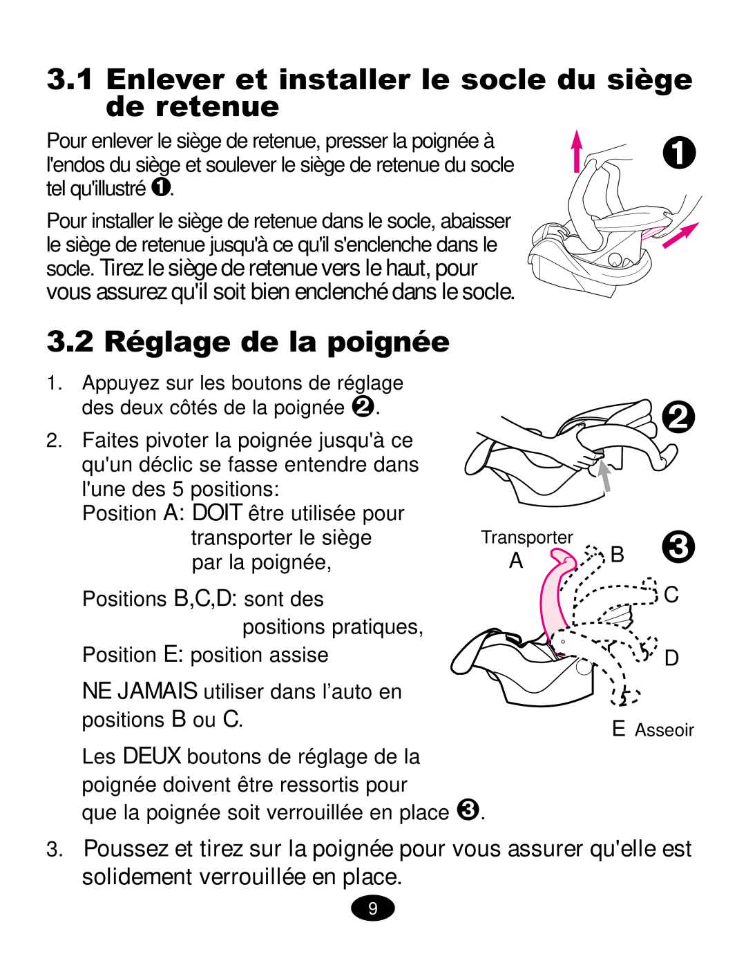 Graco ISPC019CB owner manual Enlever et installer le socle du siège de retenue, Réglage de la poignée, Tel quillustré  