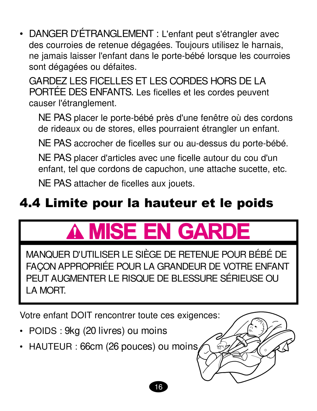 Graco ISPC019CB owner manual Limite pour la hauteur et le poids, NE PAS attacher de ficelles aux jouets 