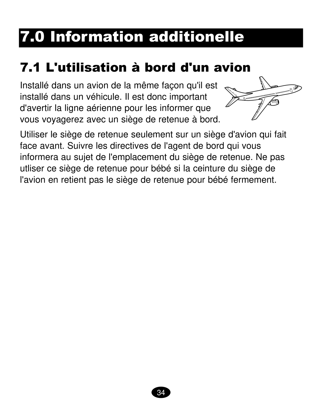 Graco ISPC019CB owner manual Information additionelle, Lutilisation à bord dun avion 