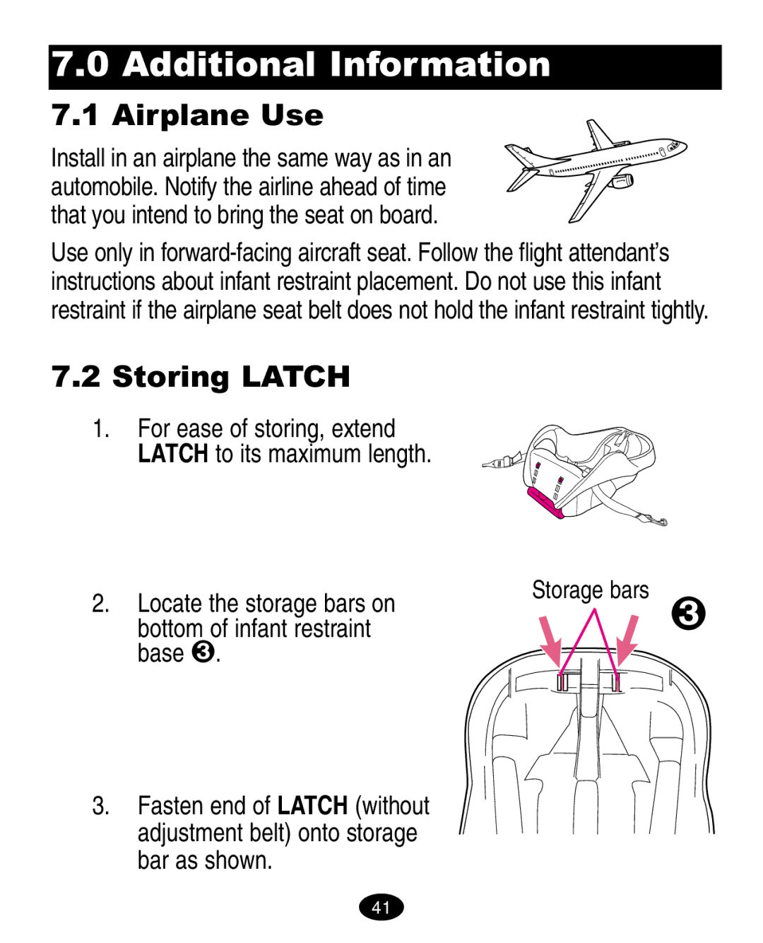 Graco ISPC021BC manual Additional Information, Airplane Use, Storing Latch, Locate the storage bars on 