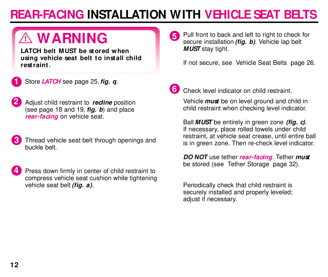 Graco ISPC054BA manual REAR-FACING Installation with Vehicle Seat Belts 