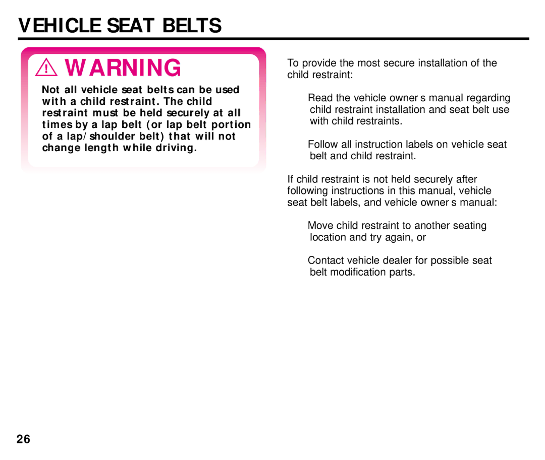 Graco ISPC054BA manual Vehicle Seat Belts 