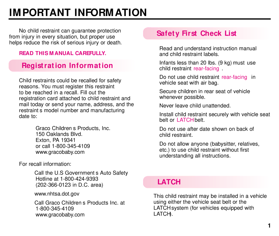 Graco ISPC054BA manual Important Information, Registration Information, Safety First Check List 