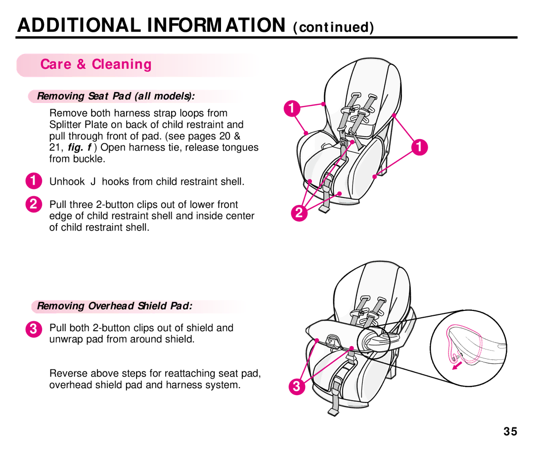 Graco ISPC054BA manual Care & Cleaning, Removing Seat Pad all models, Removing Overhead Shield Pad 