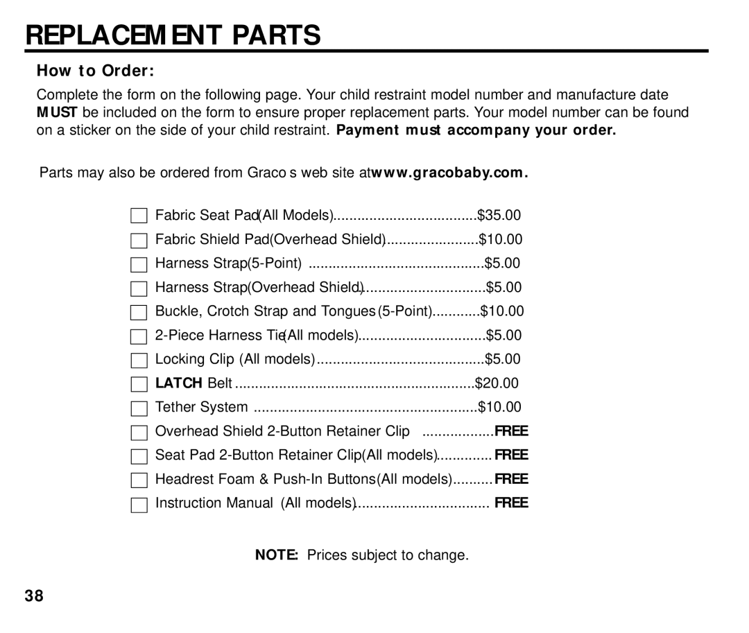 Graco ISPC054BA manual Replacement Parts, How to Order 