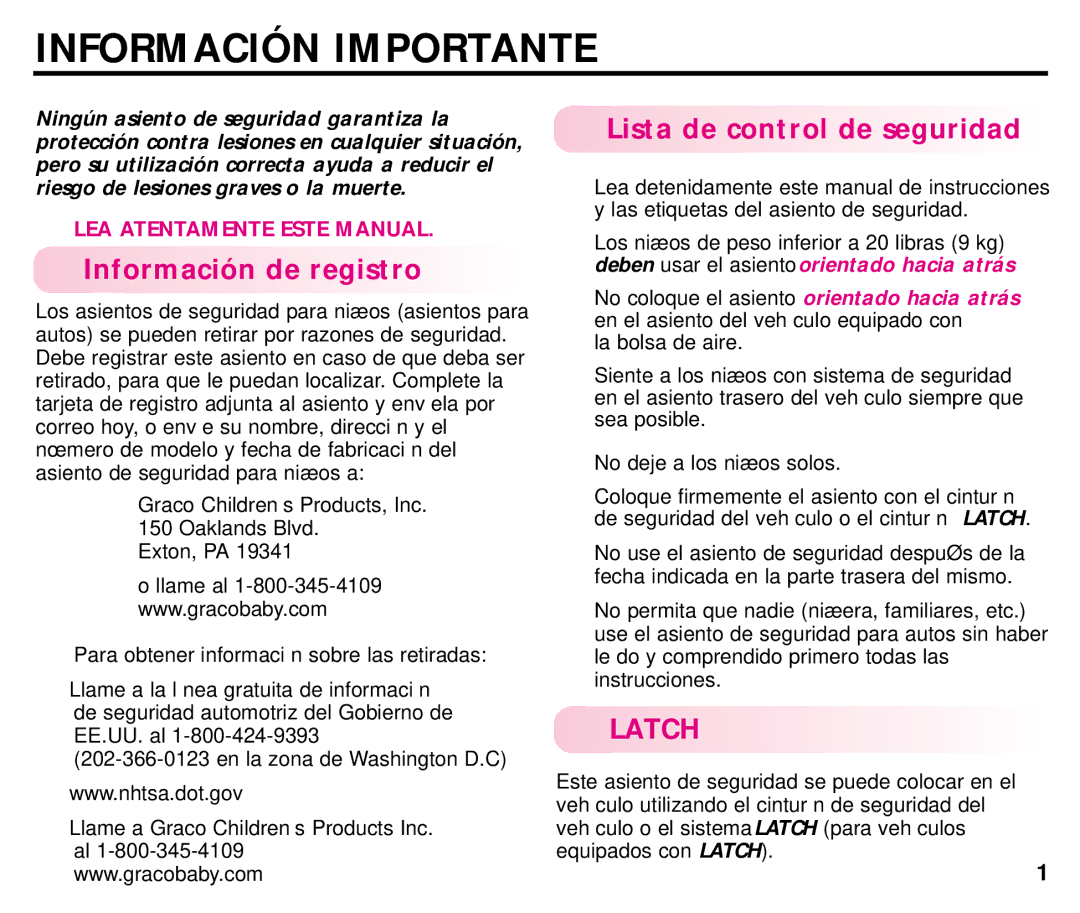 Graco ISPC054BA manual Información Importante, Información de registro, Lista de control de seguridad 