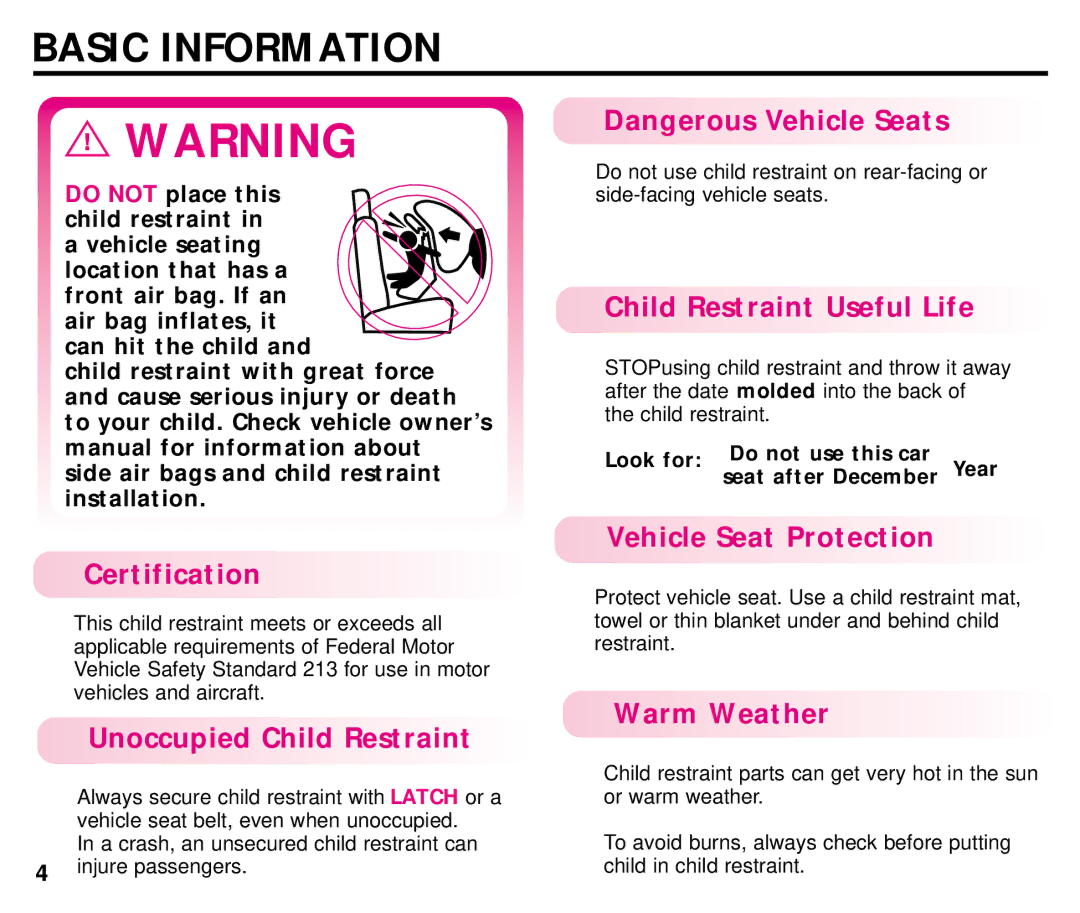 Graco ISPC054BA manual Basic Information, Certification, Vehicle Seat Protection 