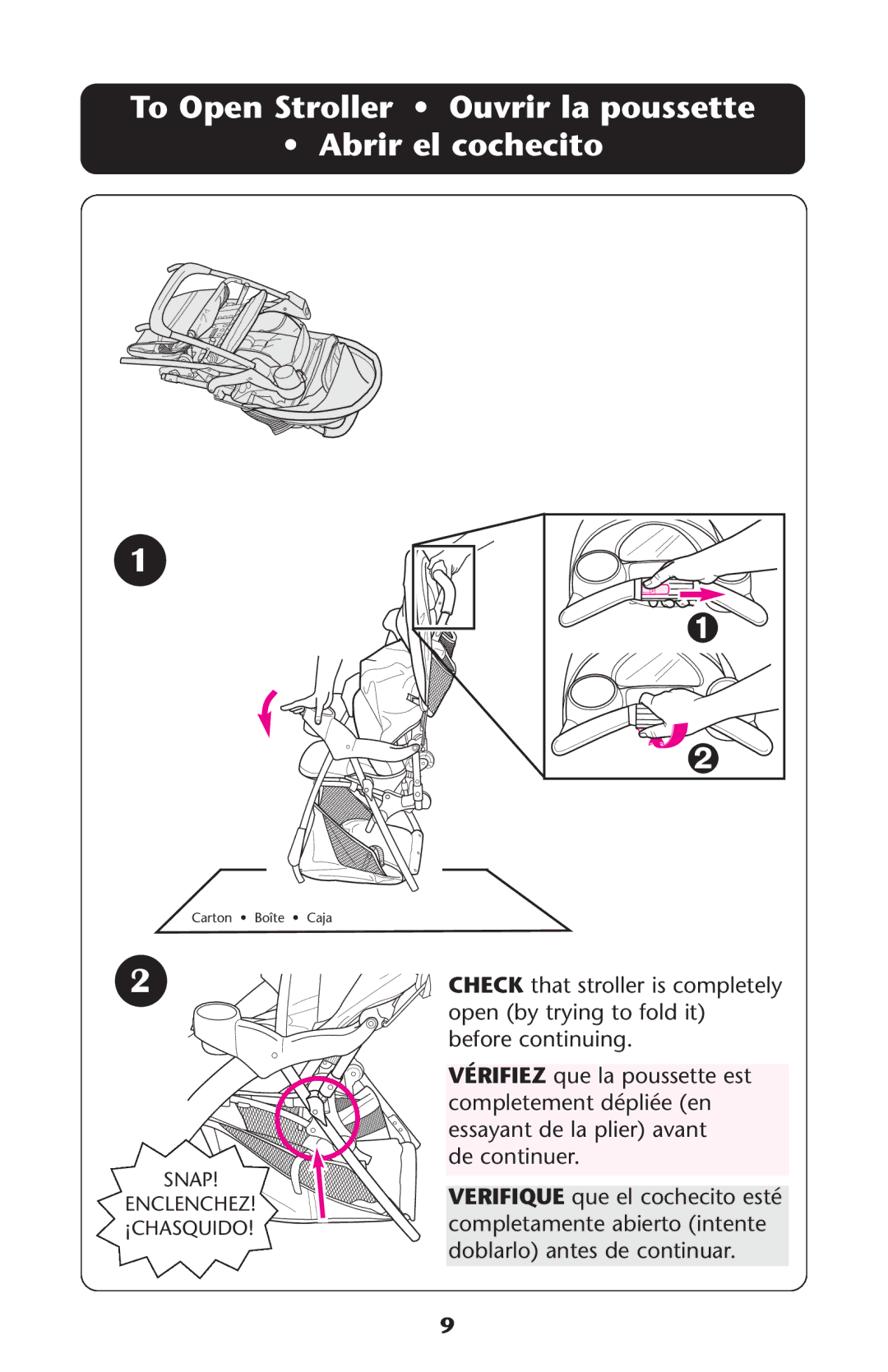 Graco ISPC089BB, PD117392A, 1761532 owner manual To Open Stroller Ouvrir la poussette Abrir el cochecito 