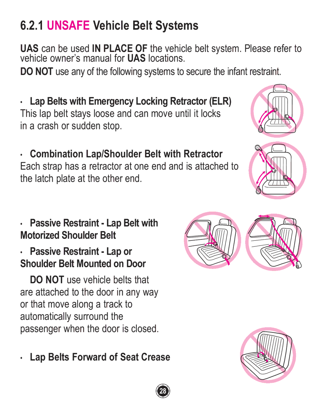 Graco ISPC094CB owner manual Unsafe Vehicle Belt Systems, Lap Belts Forward of Seat Crease 