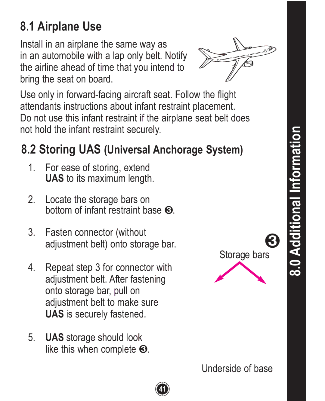 Graco ISPC094CB owner manual Airplane Use, Storing UAS Universal Anchorage System 