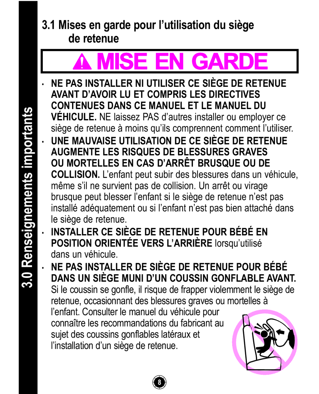 Graco ISPC094CB owner manual Mises en garde pour l’utilisation du siège de retenue 