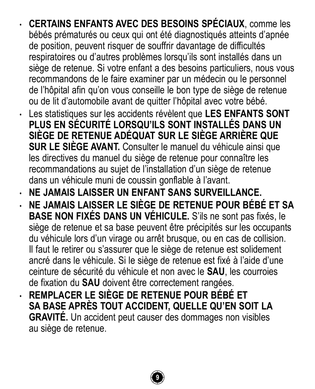 Graco ISPC094CB owner manual NE Jamais Laisser UN Enfant Sans Surveillance, Remplacer LE Siège DE Retenue Pour Bébé ET 