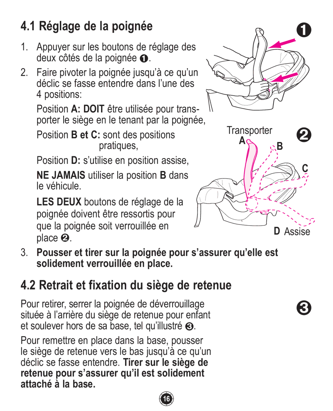 Graco ISPC094CB owner manual Réglage de la poignée, Retrait et fixation du siège de retenue 