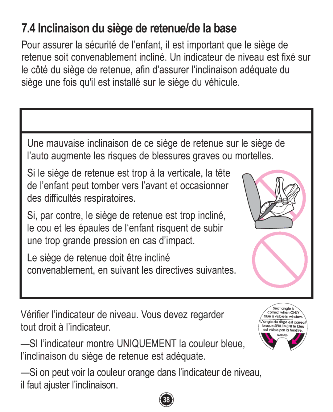 Graco ISPC094CB owner manual Inclinaison du siège de retenue/de la base 