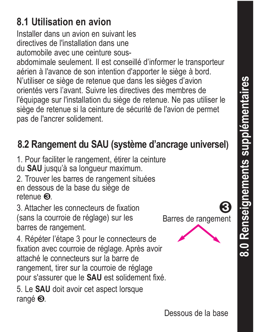 Graco ISPC094CB owner manual Utilisation en avion, Rangement du SAU système d’ancrage universel 