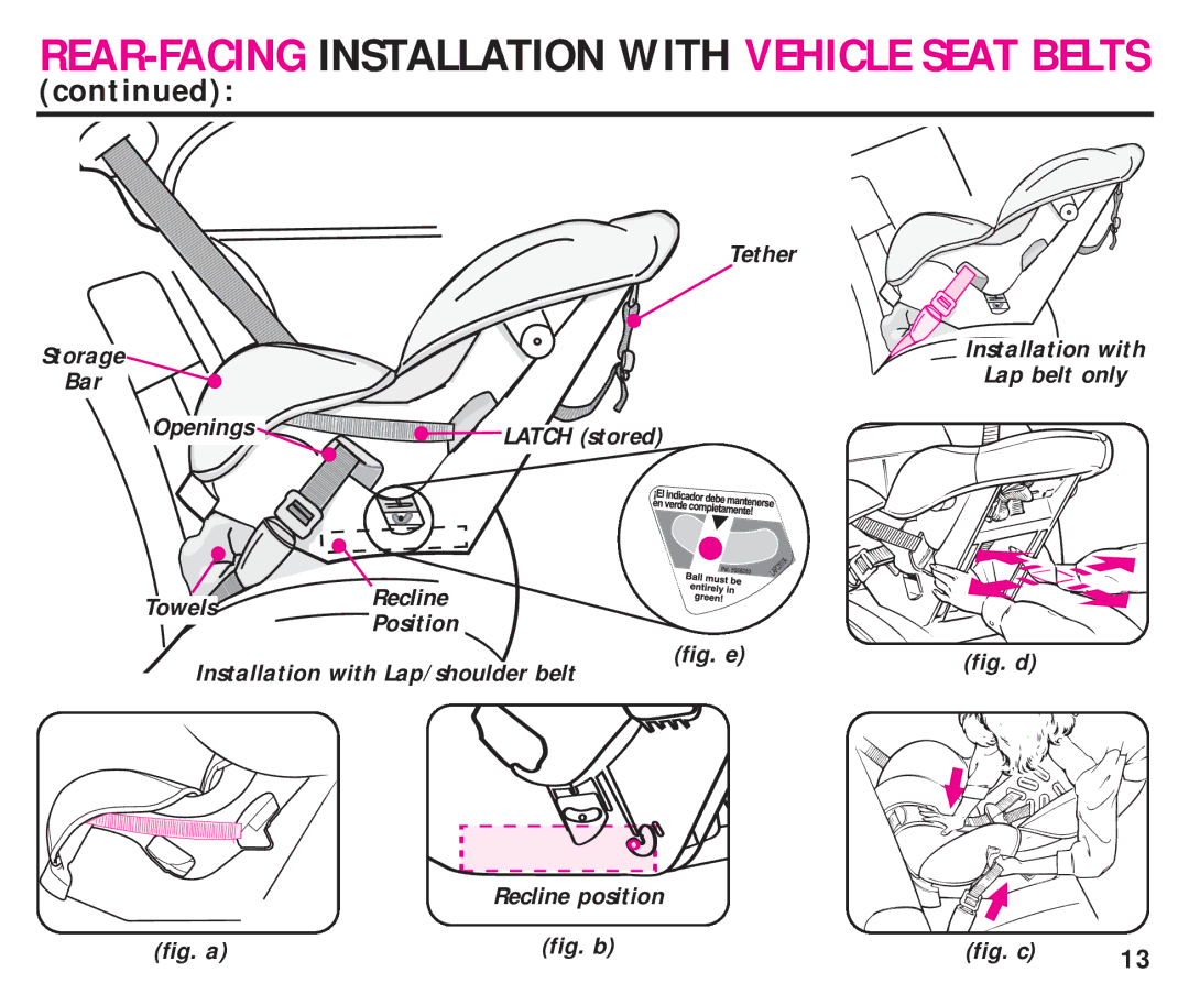 Graco ISPC099BA instruction manual Tether, Installation with, Lap belt only, Bar Openings Latch stored, Recline position 