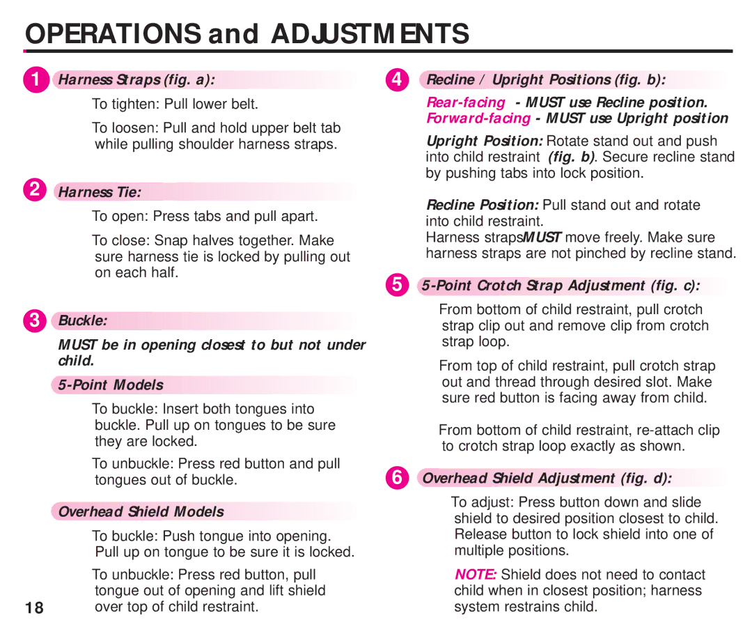 Graco ISPC099BA Harness Straps fig. a, Harness Tie, Overhead Shield Models, Point Crotch Strap Adjustment fig. c 