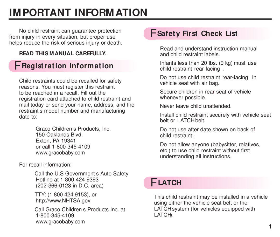 Graco ISPC099BA instruction manual Important Information, Registration Information, Safety First Check List, Latch 