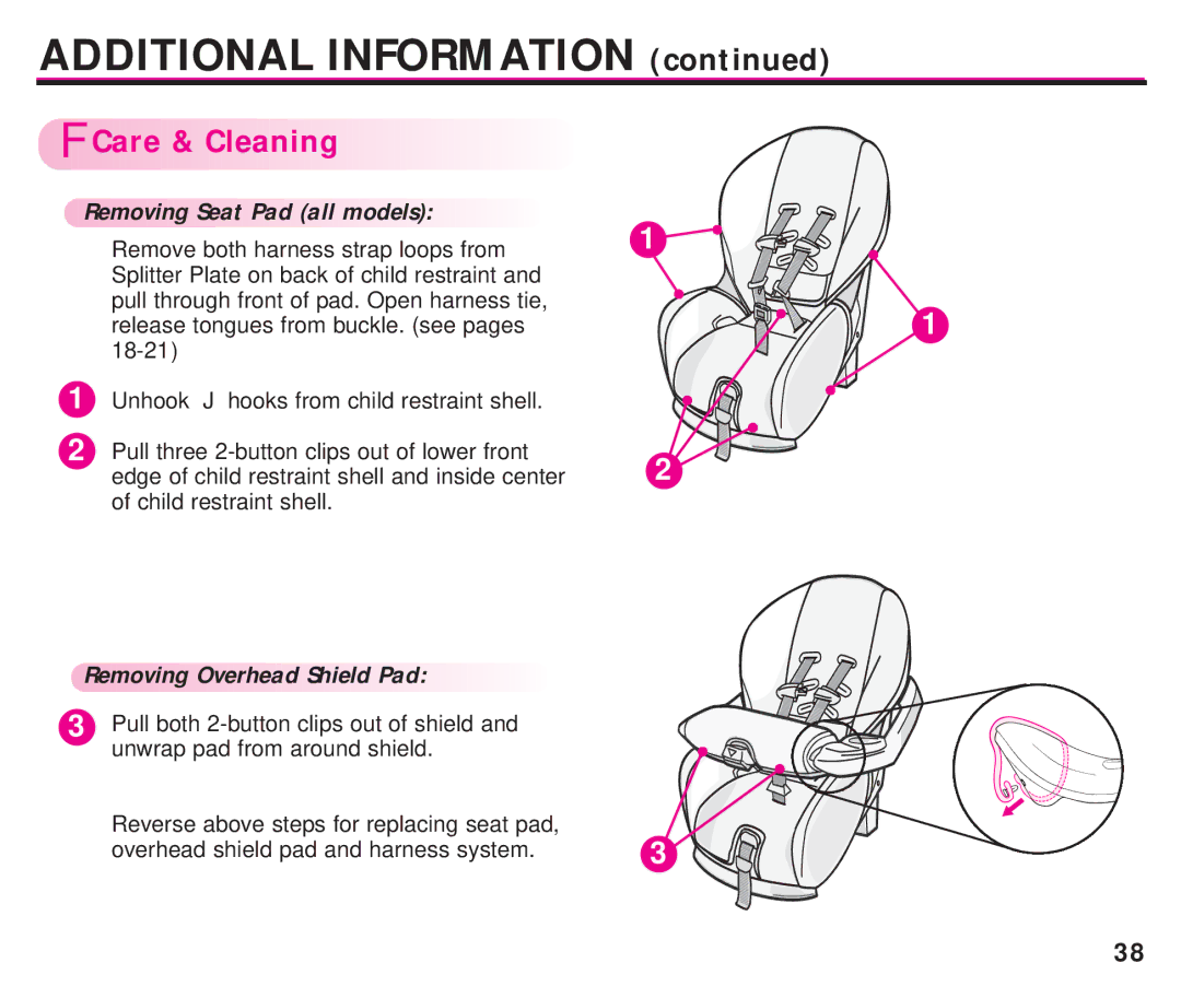 Graco ISPC099BA instruction manual Care & Cleaning, Removing Seat Pad all models, Removing Overhead Shield Pad 