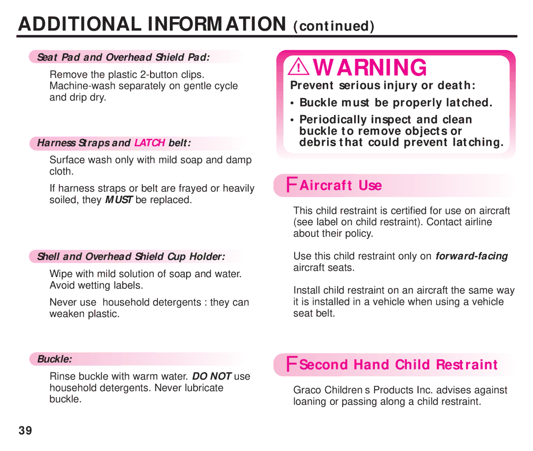 Graco ISPC099BA instruction manual Aircraft Use, Second Hand Child Restraint 