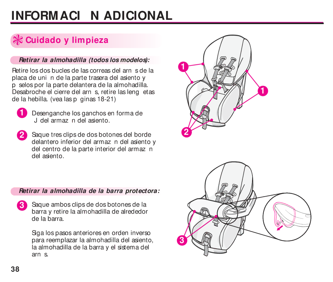 Graco ISPC099BA instruction manual Cuidado y limpieza, Retirar la almohadilla todos los modelos 