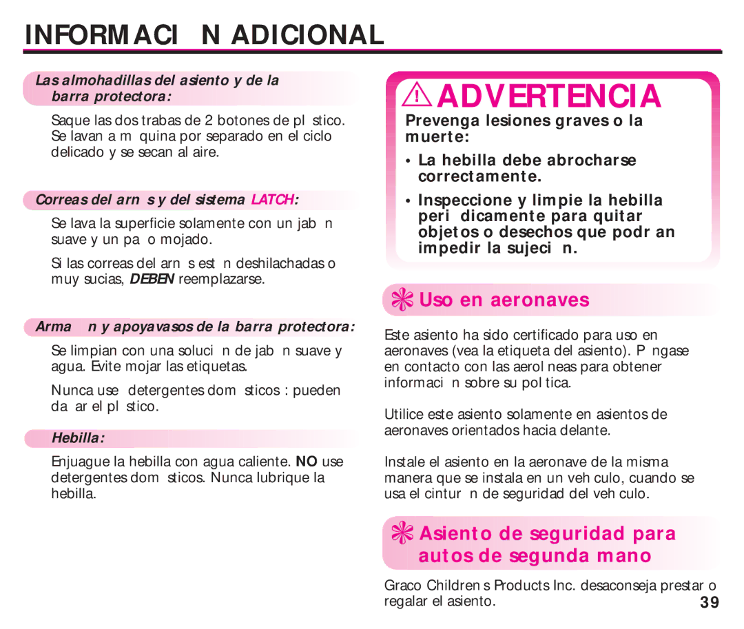 Graco ISPC099BA instruction manual Uso en aeronaves, Asiento de seguridad para autos de segunda mano, Hebilla 