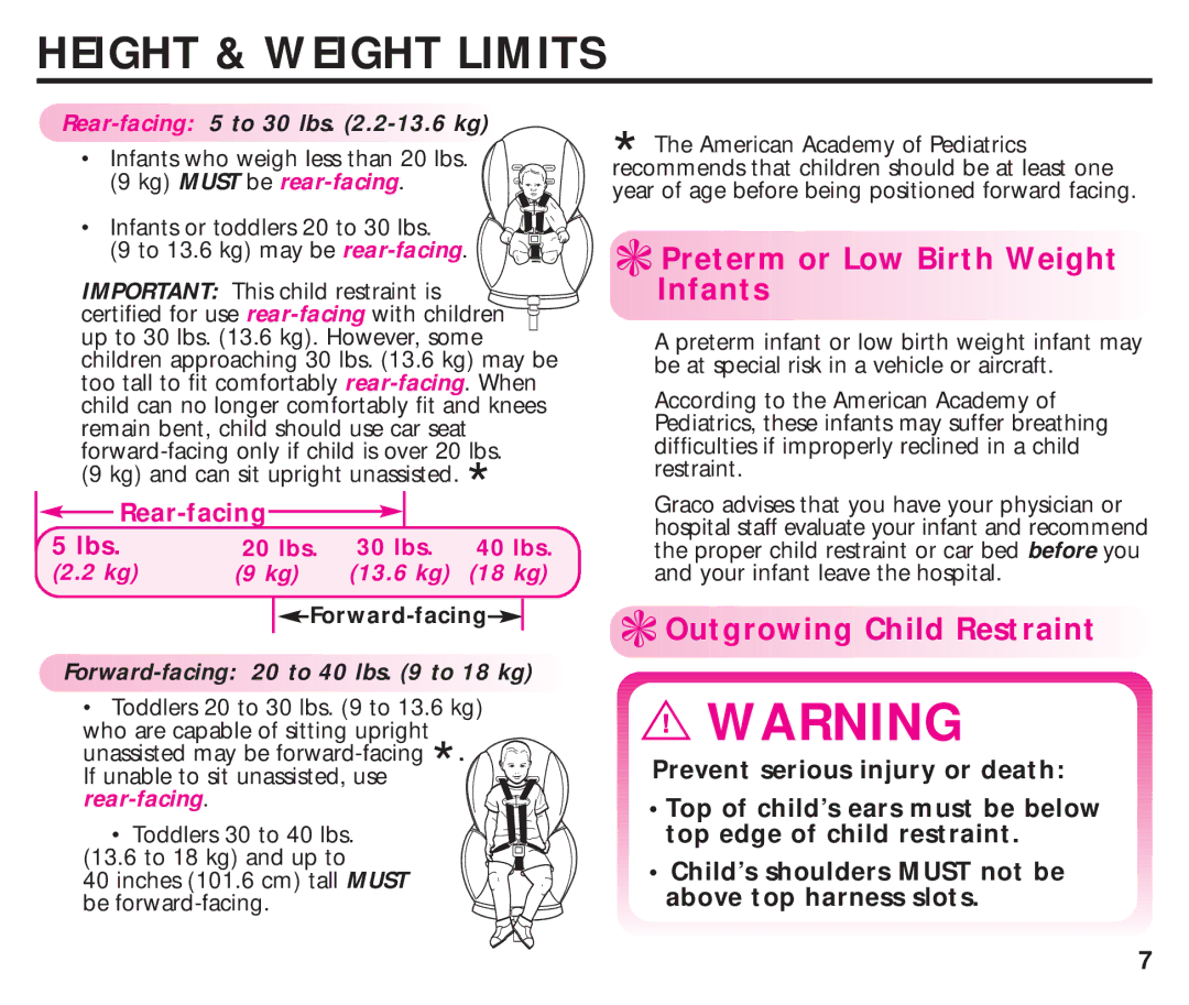 Graco ISPC099BA instruction manual Height & Weight Limits, Outgrowing Child Restraint, Rear-facing 5 to 30 lbs .2-13.6 kg 