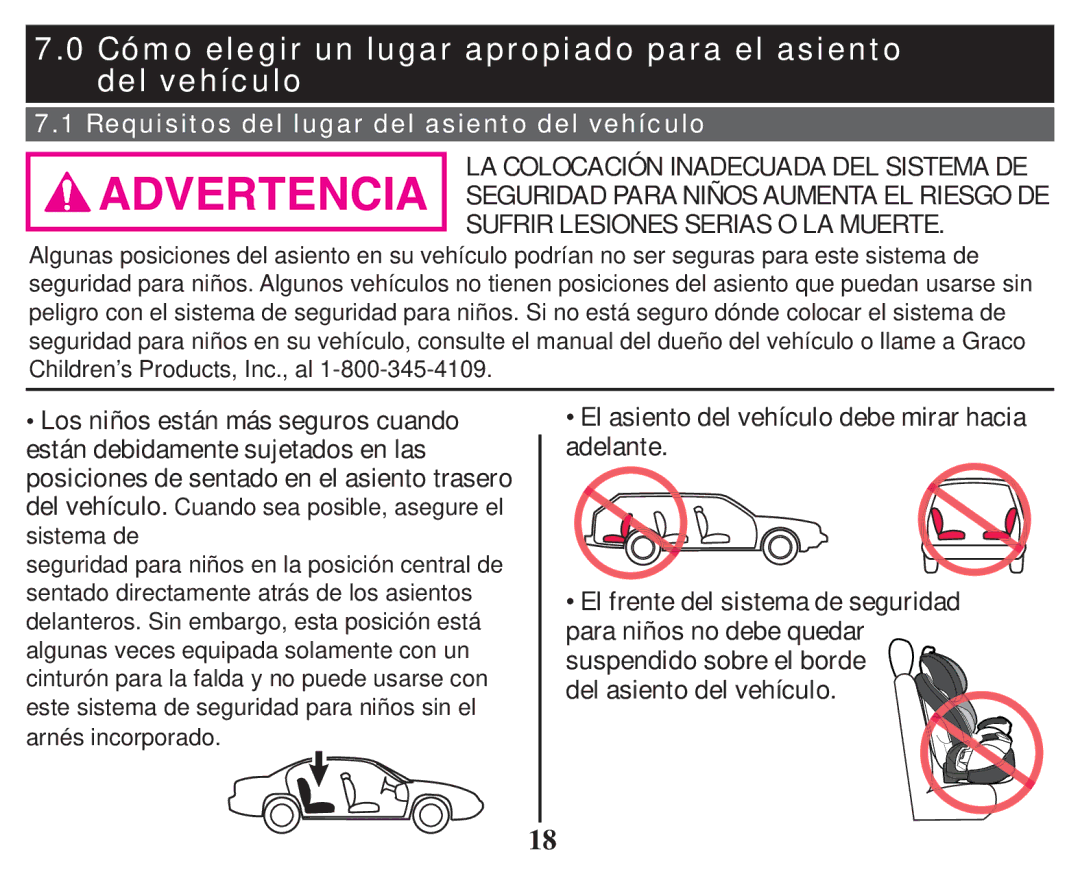 Graco 1753283, ISPC110BB, PD101777C, 3-in 1 Car owner manual Cómo elegir un lugar apropiado para el asiento del vehículo 