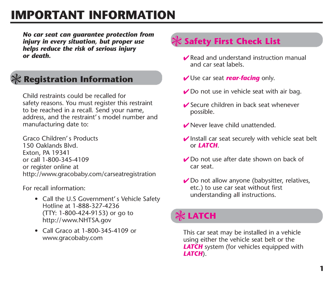 Graco ISPC116BA instruction manual Important Information, Registration Information 