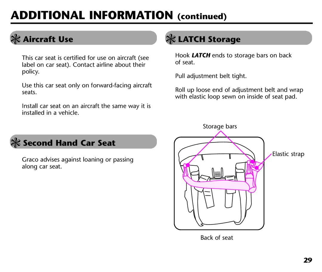 Graco ISPC116BA instruction manual Additional Information, Aircraft Use Latch Storage, Second Hand Car Seat 