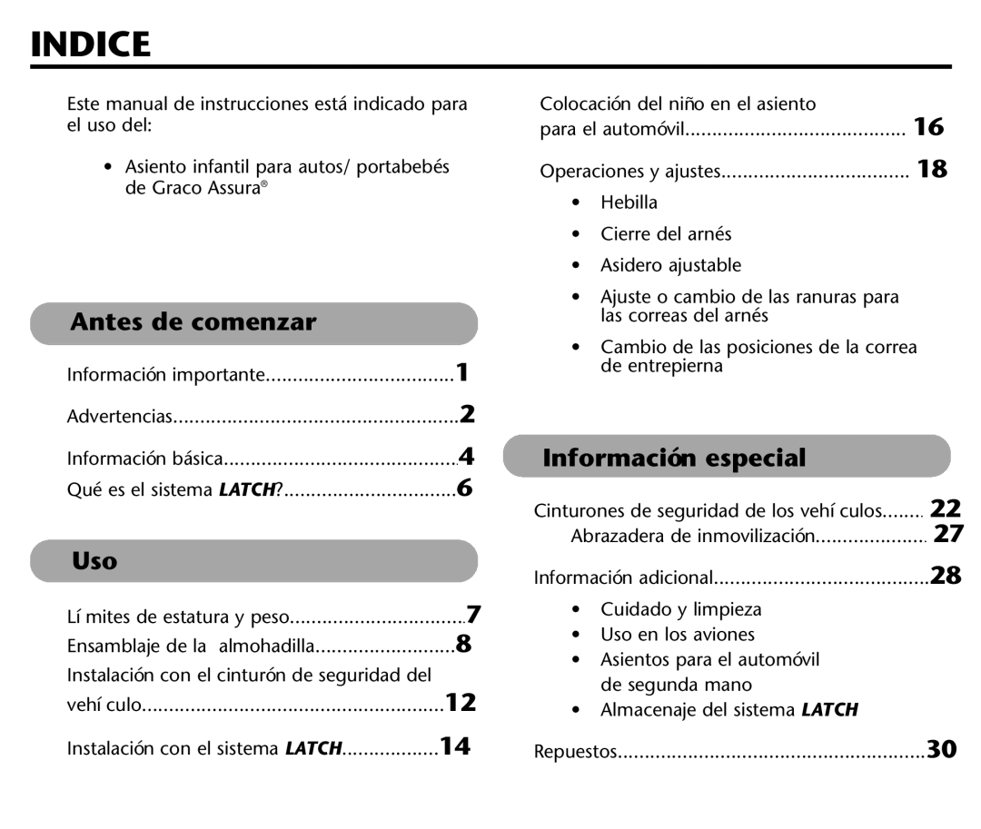 Graco ISPC116BA instruction manual Indice, Antes de comenzar, Uso, Información especial 