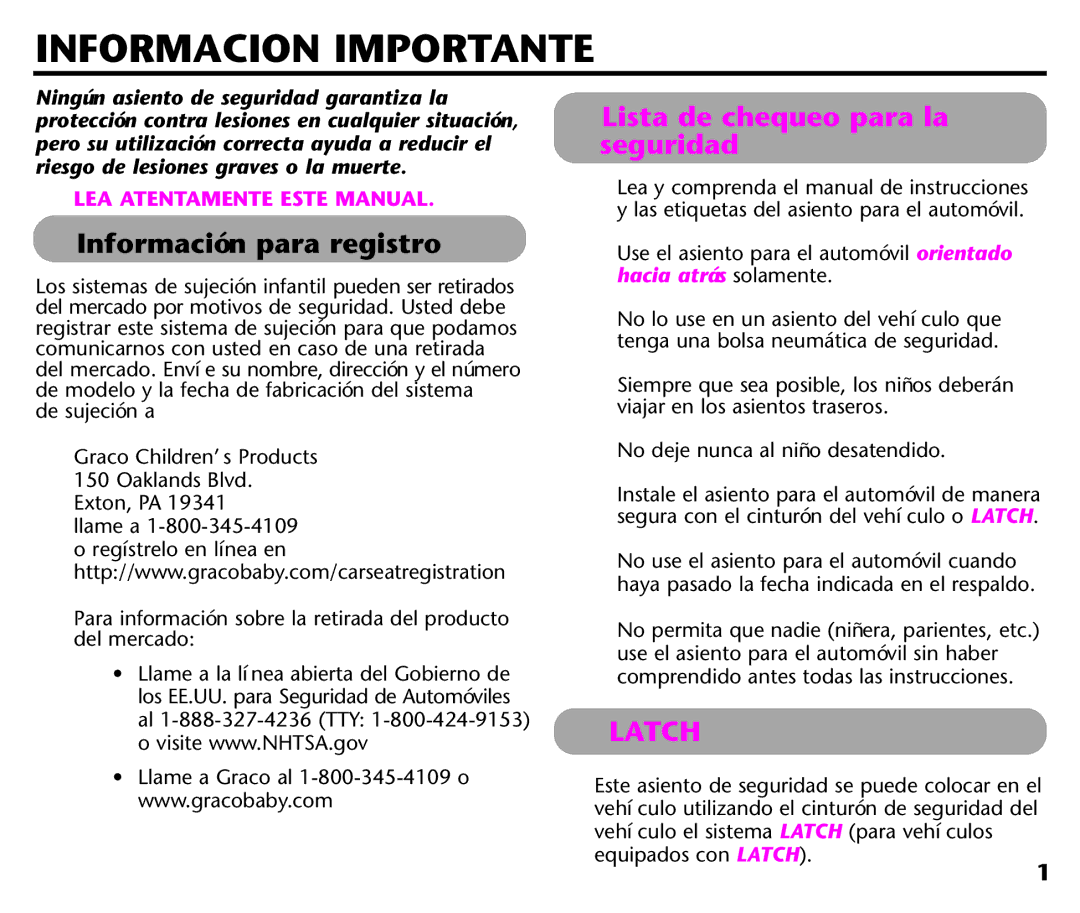 Graco ISPC116BA instruction manual Informacion Importante, Lista de chequeo para la seguridad 