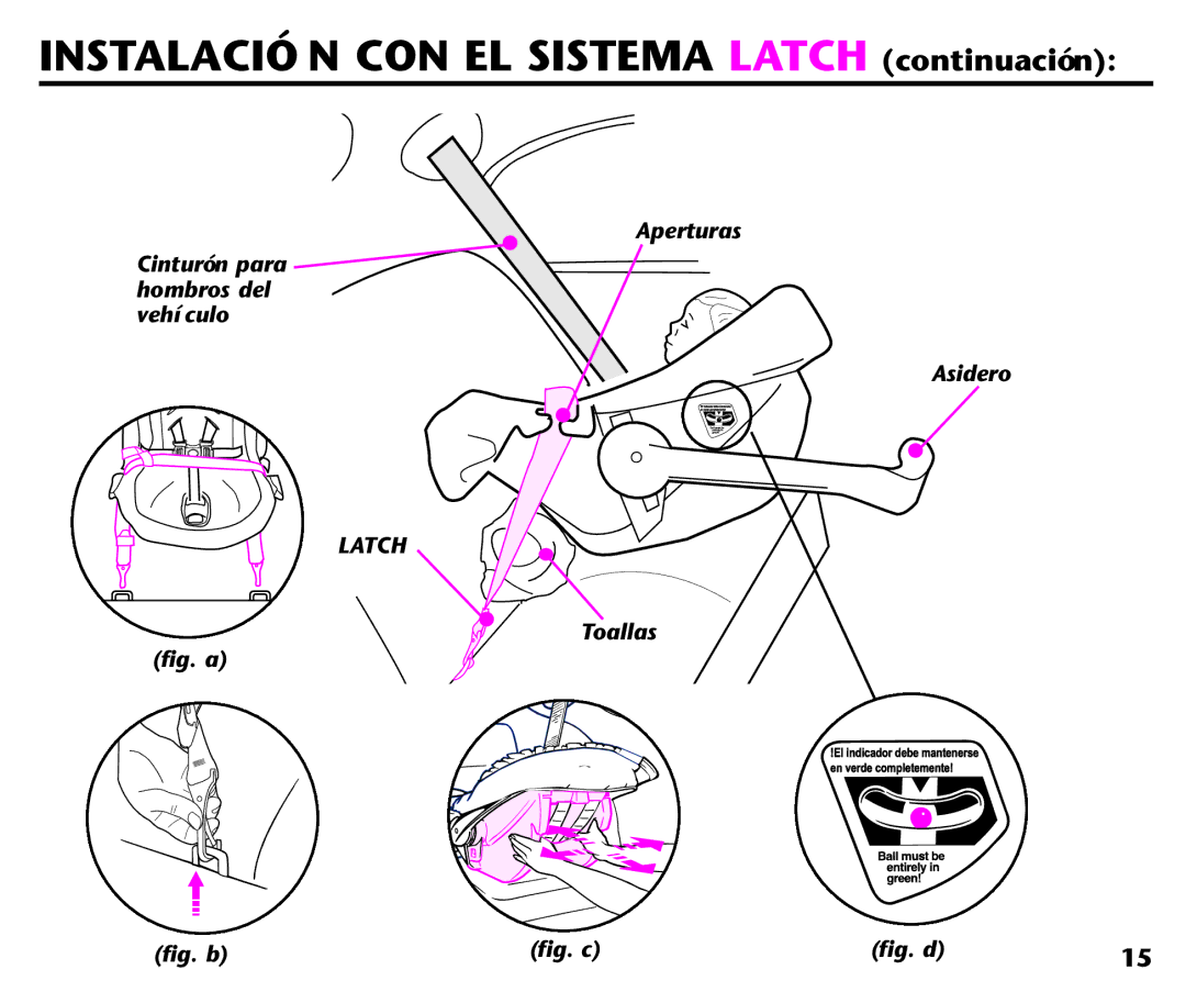 Graco ISPC116BA Instalación CON EL Sistema Latch continuación, Aperturas Cinturón para hombros del Vehículo Asidero 