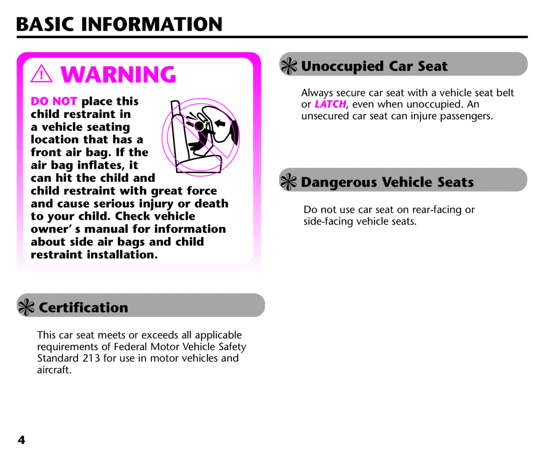 Graco ISPC116BA instruction manual Basic Information, Unoccupied Car Seat, Certification 