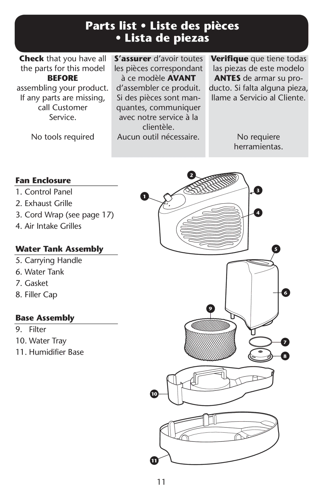 Graco ISPD023AB owner manual Parts list Liste des pièces Lista de piezas, Fan Enclosure, Water Tank Assembly, Base Assembly 