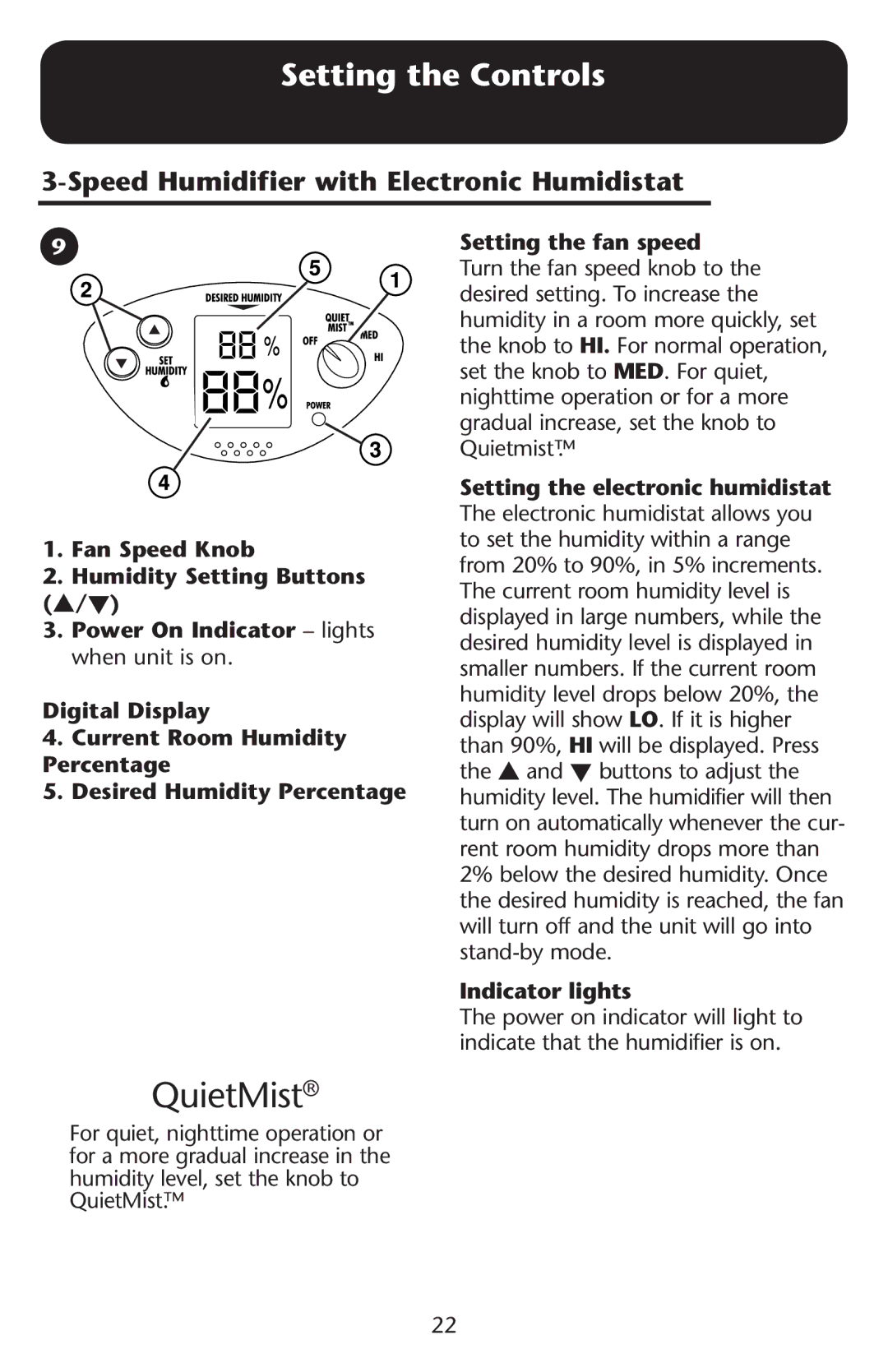 Graco ISPD023AB owner manual Setting the Controls, Speed Humidifier with Electronic Humidistat, Setting the fan speed 