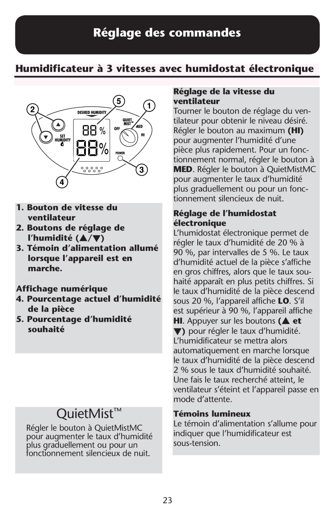 Graco ISPD023AB Réglage des commandes, Humidificateur à 3 vitesses avec humidostat électronique, Témoins lumineux 