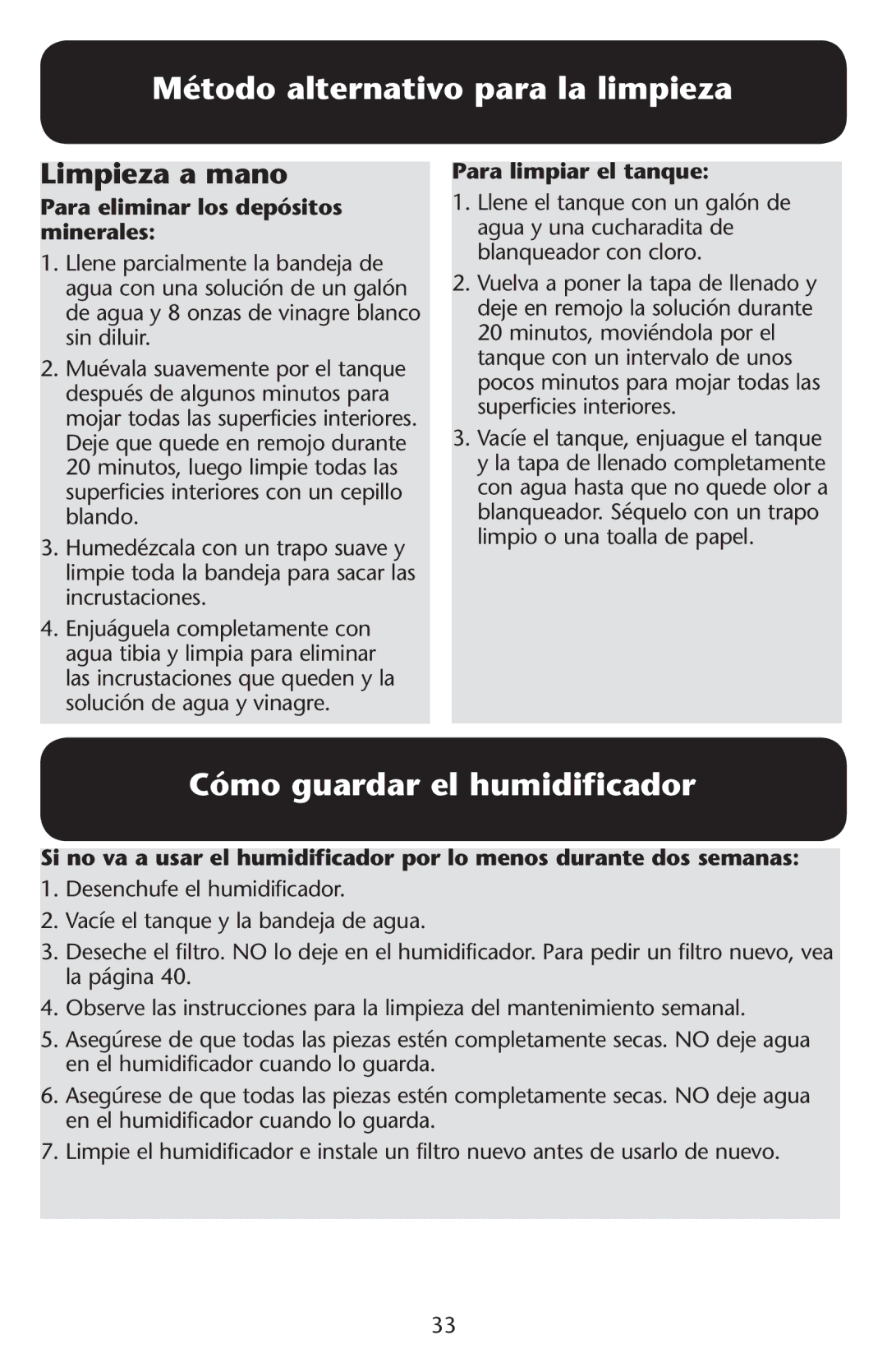 Graco ISPD023AB Método alternativo para la limpieza, Cómo guardar el humidificador, Para eliminar los depósitos minerales 