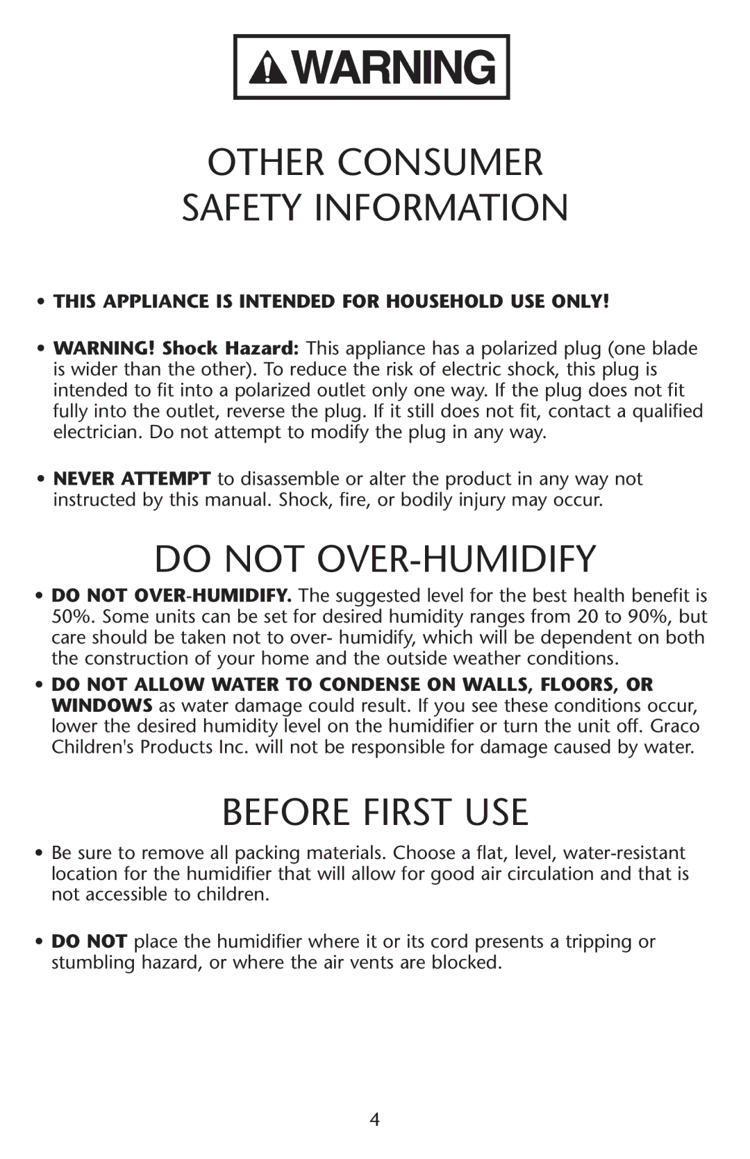 Graco ISPD023AB owner manual Other Consumer Safety Information, Do not OVER-HUMIDIFY, Before First USE 