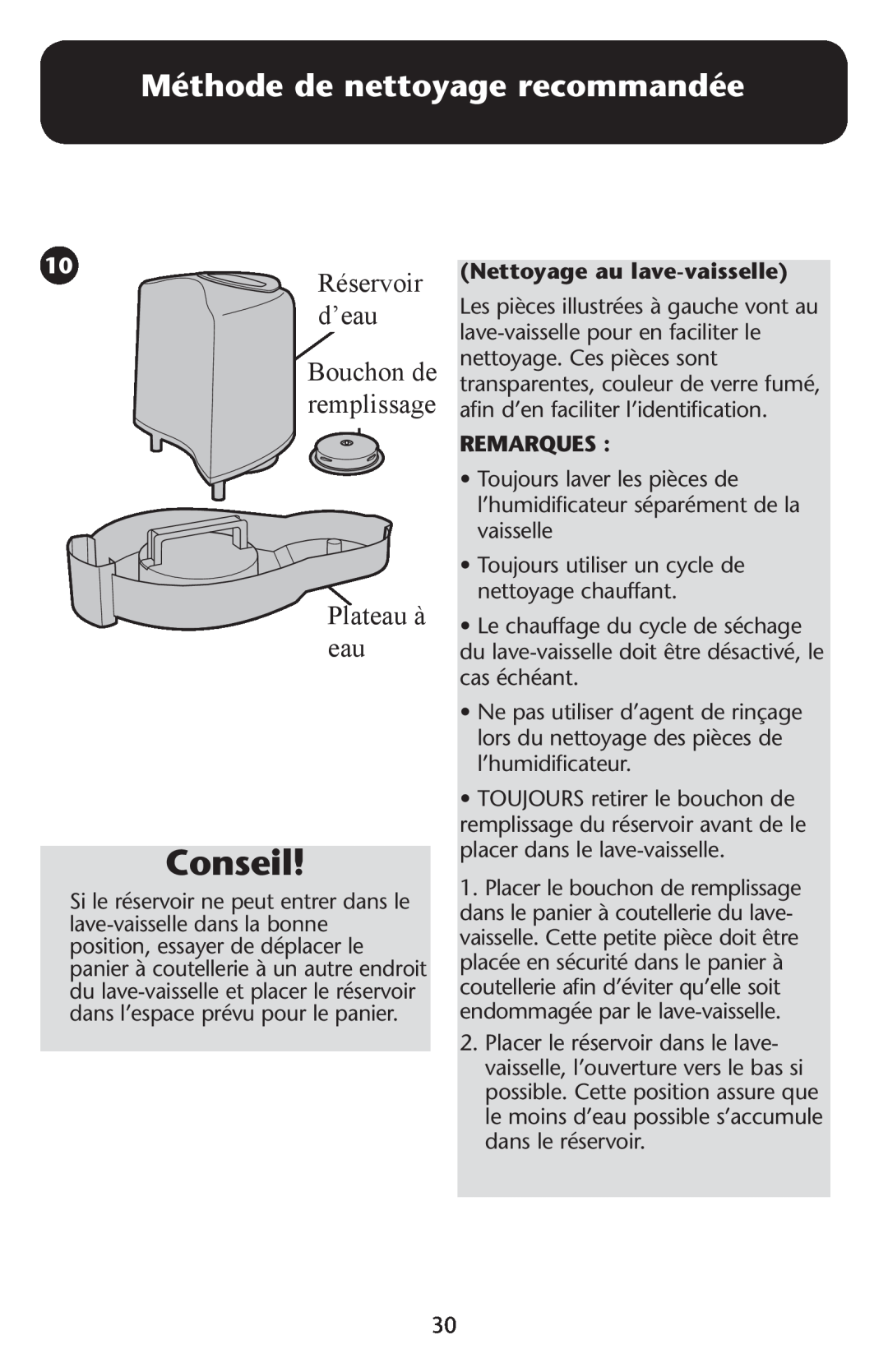 Graco ISPD023AB Méthode de nettoyage recommandée, d’eau, Bouchon de, Nettoyage au lave-vaisselle, Remarques, Conseil 