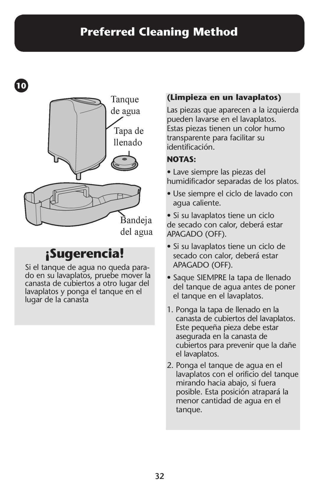 Graco ISPD023AB owner manual Tanque, deTaguank Tapa de, llenado, Limpieza en un lavaplatos, Notas, ¡Sugerencia 