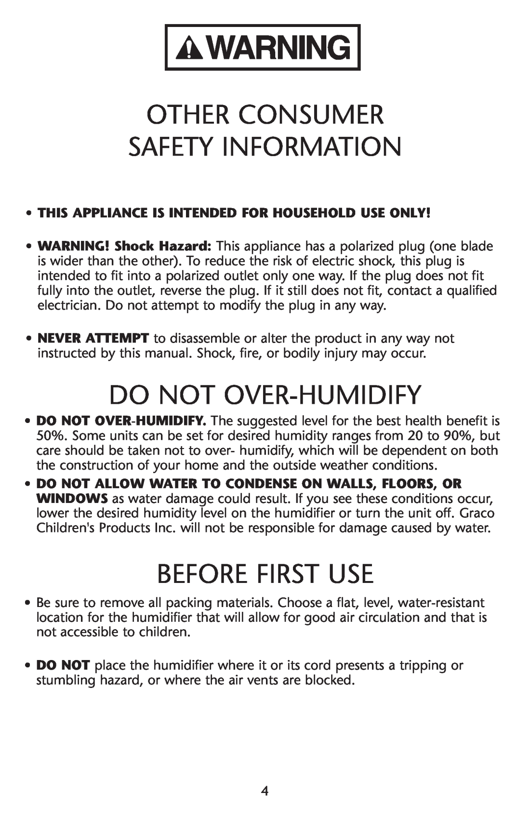 Graco ISPD023AB owner manual Other Consumer Safety Information, Do Not Over-Humidify, Before First Use 