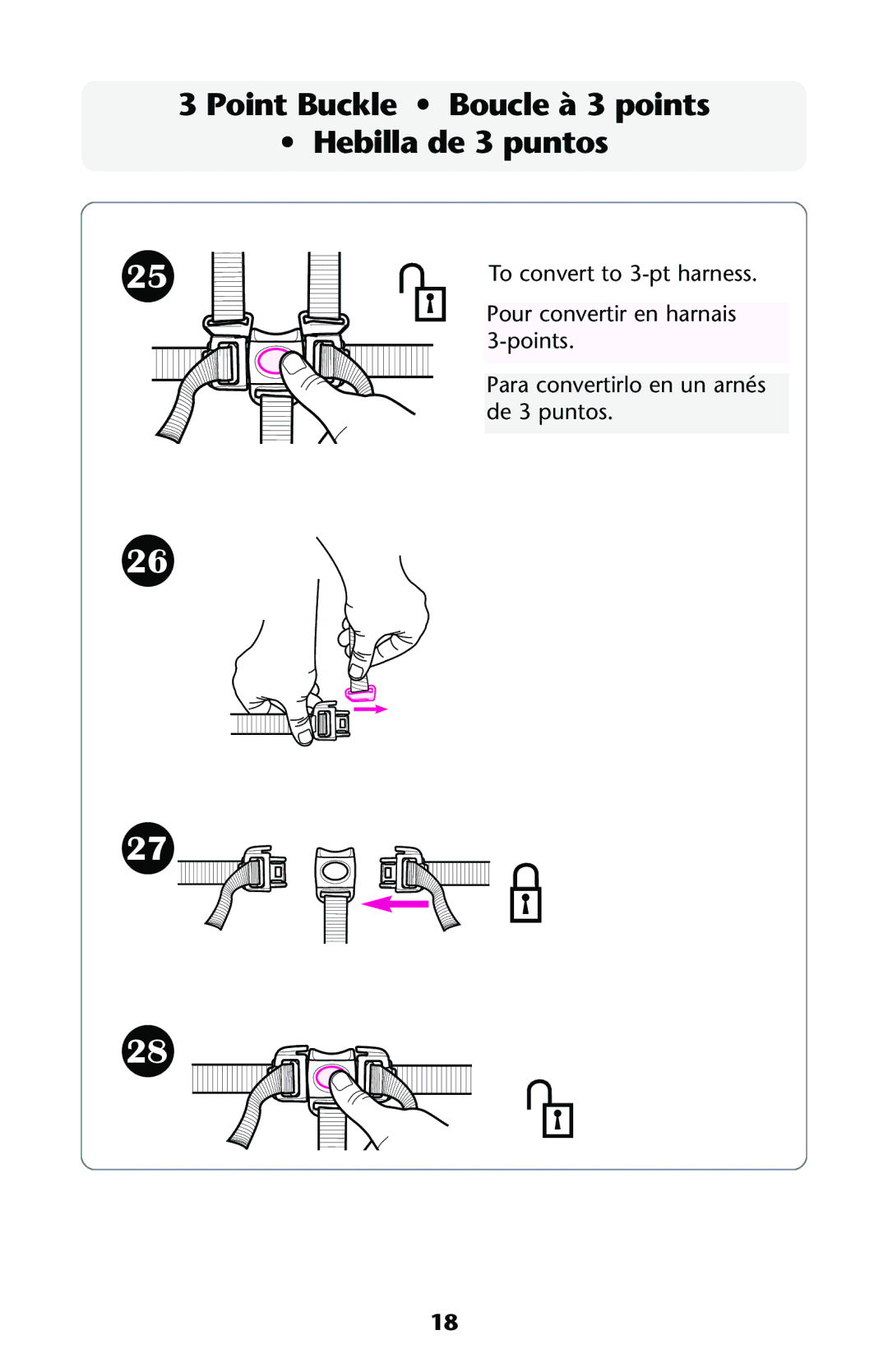 Graco ISPH013AB 05/05 owner manual Point Buckle Boucle à 3 points Hebilla de 3 puntos 