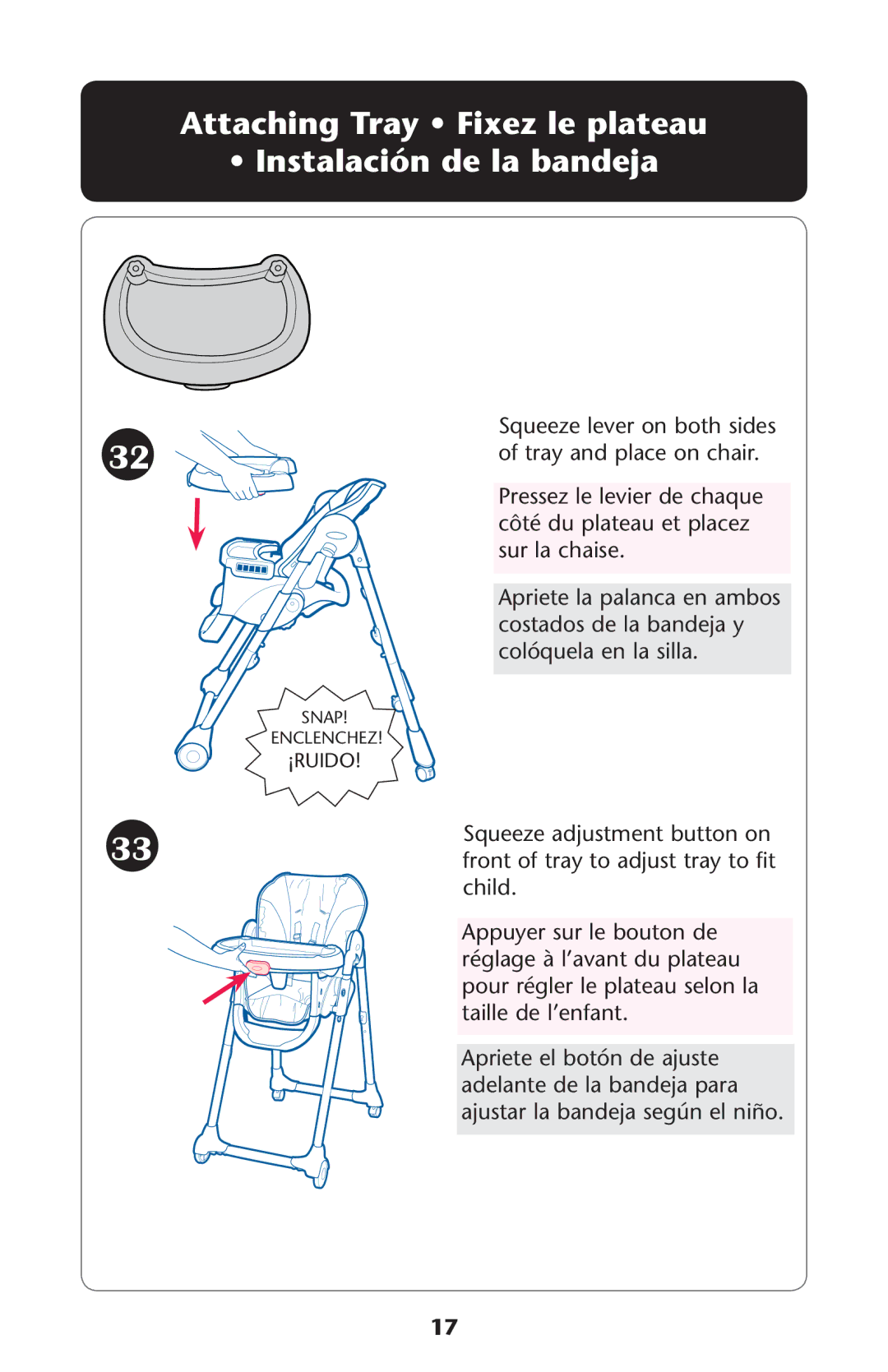 Graco ISPH039AC 4/10 manual Attaching Tray Fixez le plateau Instalación de la bandeja 