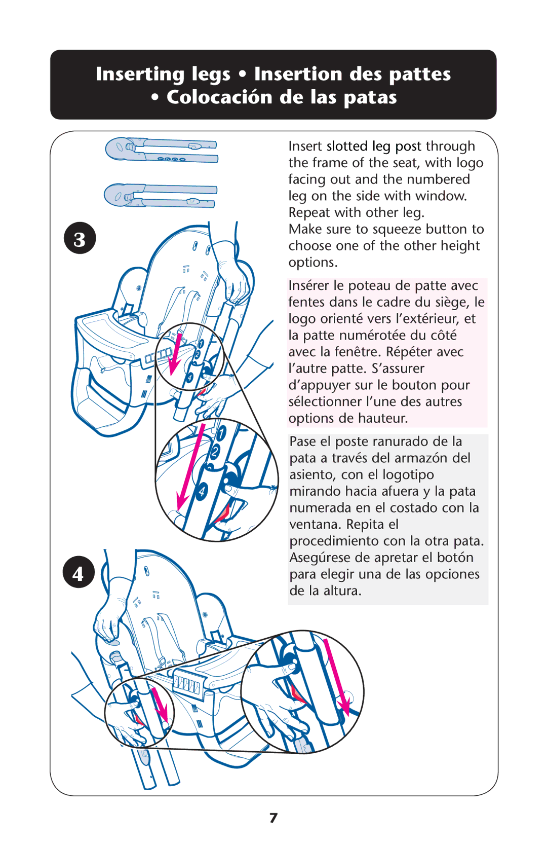 Graco ISPH039AC 4/10 manual Inserting legs Insertion des pattes Colocación de las patas 