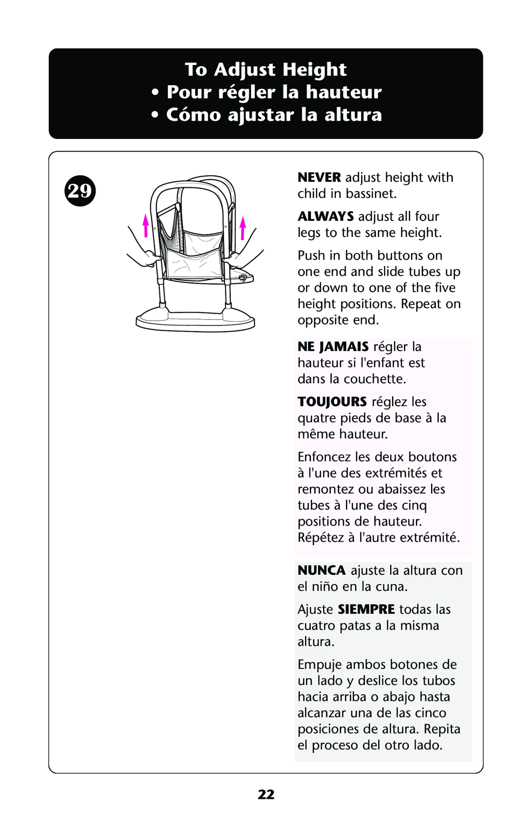 Graco ISPJ001AB manual NE Jamais régler la hauteur si lenfant est dans la couchette 