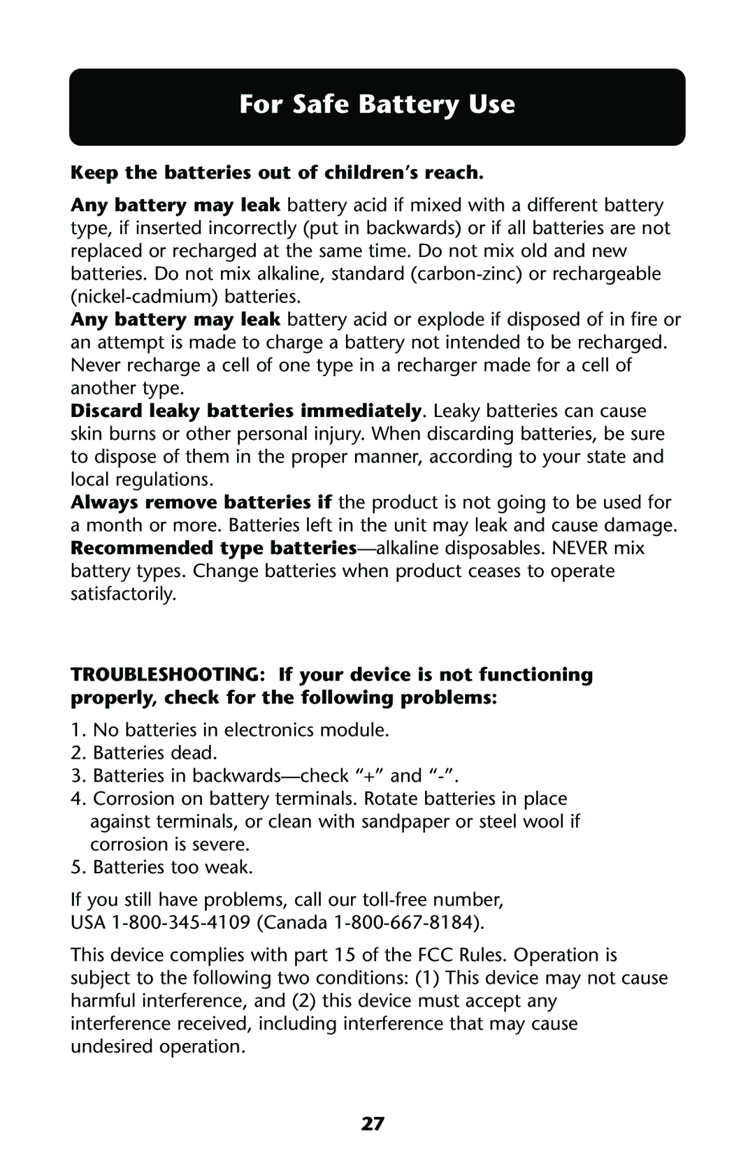 Graco ISPJ001AB manual For Safe Battery Use, Keep the batteries out of children’s reach 